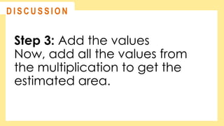 Step 3: Add the values
Now, add all the values from
the multiplication to get the
estimated area.
@
@
D I S C U S S I O N
 