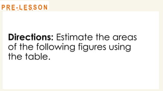 Directions: Estimate the areas
of the following figures using
the table.
@
@
R E V I E W
@
@
P R E - L E S S O N
 