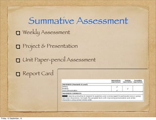 Summative Assessment 
Weekly Assessment 
Project & Presentation 
Unit Paper-pencil Assessment 
Report Card 
Friday, 12 September, 14 
 