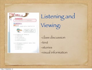 Listening and 
Viewing: 
-class discussion 
-text 
-stories 
-visual information 
Friday, 12 September, 14 
 