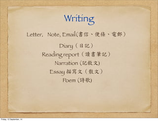 Writing 
Letter，Note, Email(書信、便條、電郵） 
Diary（日記） 
Reading report（讀書筆記） 
Narration (記敘文) 
Essay 描寫文（散文） 
Poem (詩歌) 
Friday, 12 September, 14 
 