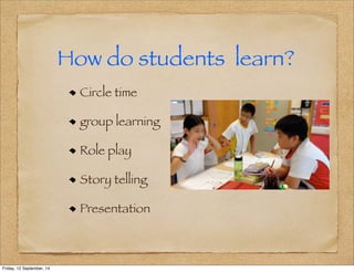How do students learn? 
Circle time 
group learning 
Role play 
Story telling 
Presentation 
Friday, 12 September, 14 
 