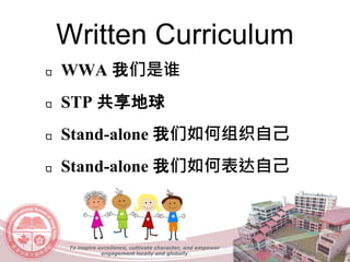 Written Curriculum
WWA 我们是谁
STP 共享地球
Stand-alone 我们如何组织自己
Stand-alone 我们如何表达自己
To inspire excellence, cultivate character, and empower
engagement locally and globally
 