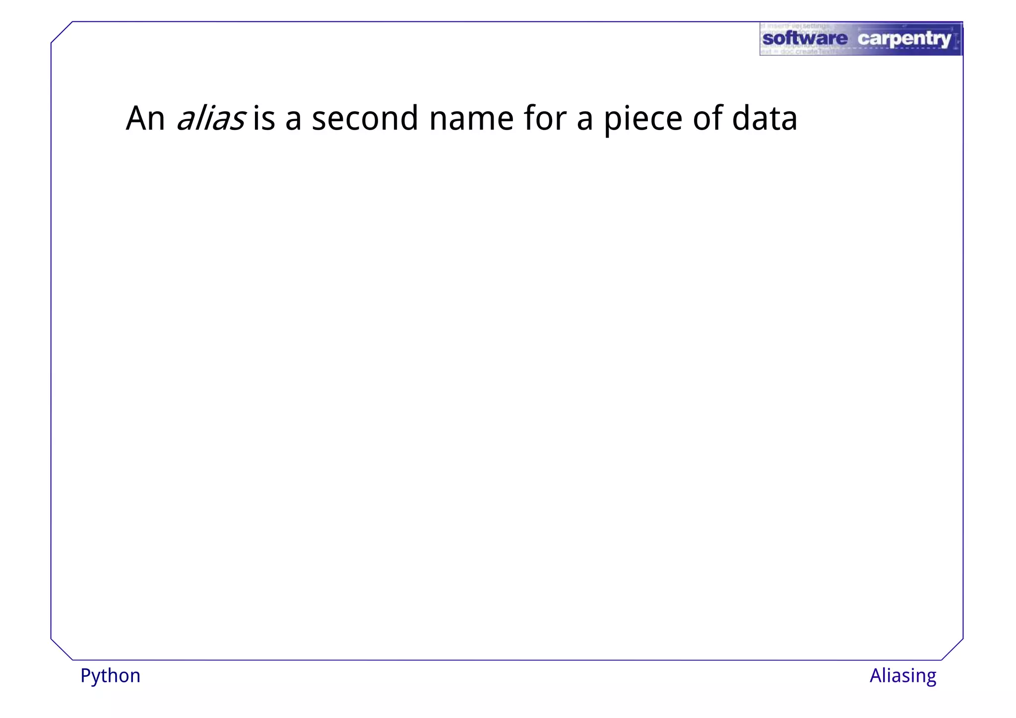An alias is a second name for a piece of data 
Python Aliasing 
 