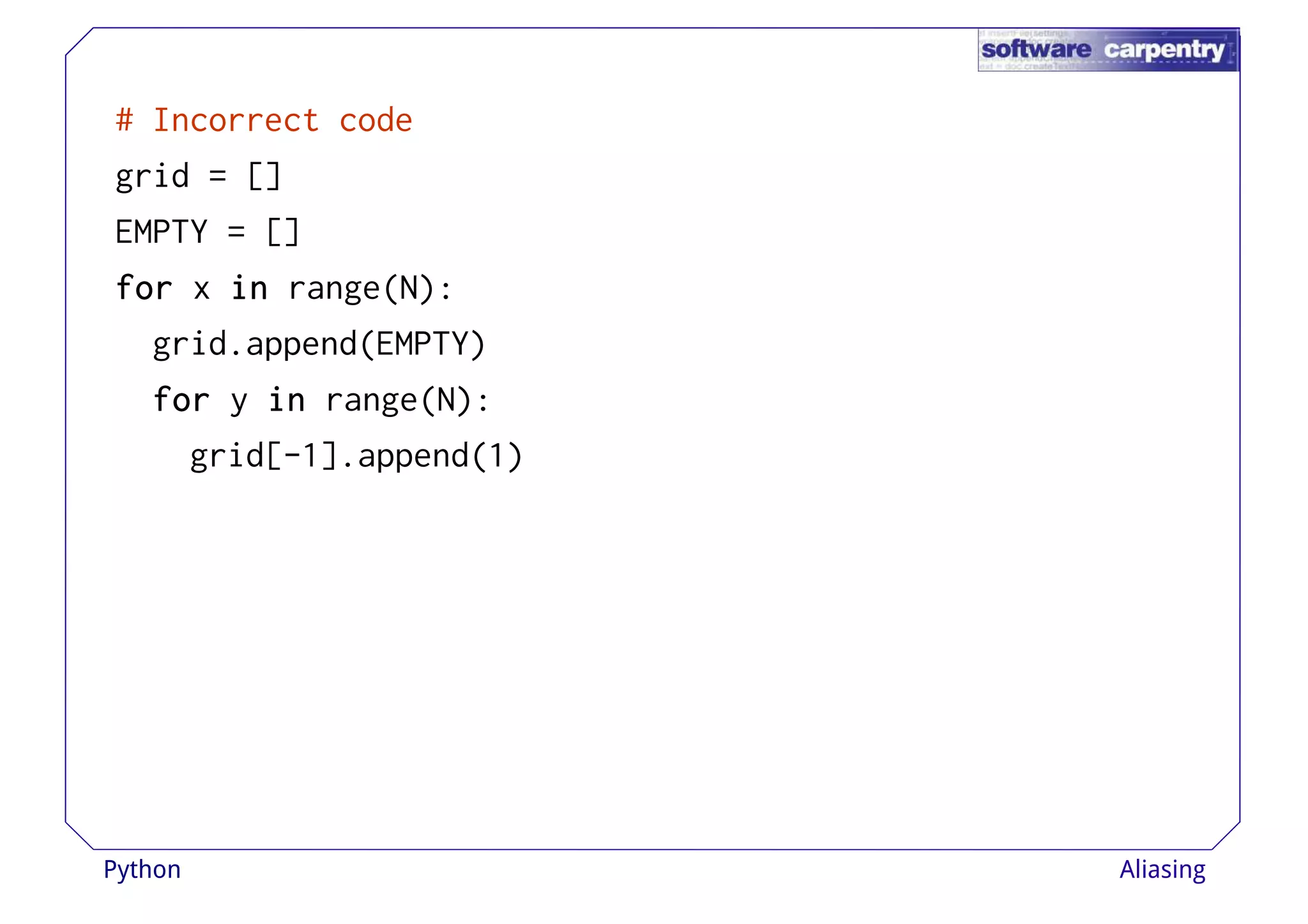 # Incorrect code 
grid = [] 
EMPTY = [] 
ffffoooorrrr x iiiinnnn range(N): 
grid.append(EMPTY) 
ffffoooorrrr y iiiinnnn range(N): 
grid[-1].append(1) 
Python Aliasing 
 