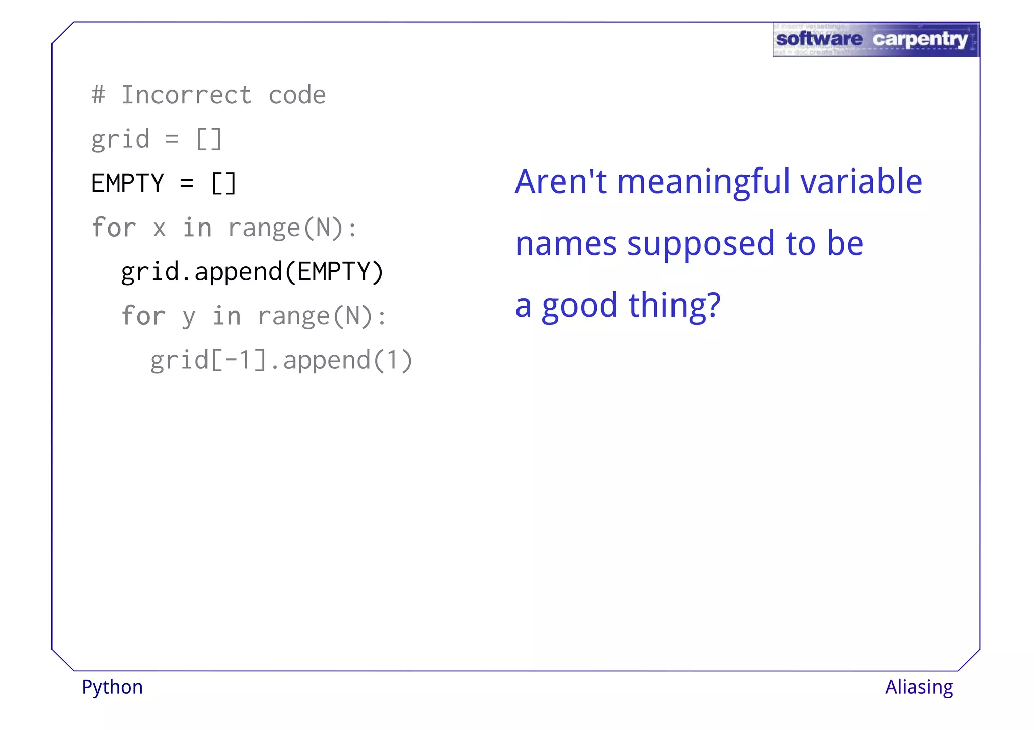 # Incorrect code 
grid = [] 
EMPTY = [] 
ffffoooorrrr x iiiinnnn range(N): 
Aren't meaningful variable 
names supposed to be 
grid.append(EMPTY) 
ffffoooorrrr y iiiinnnn range(N): 
grid[-1].append(1) 
a good thing? 
Python Aliasing 
 
