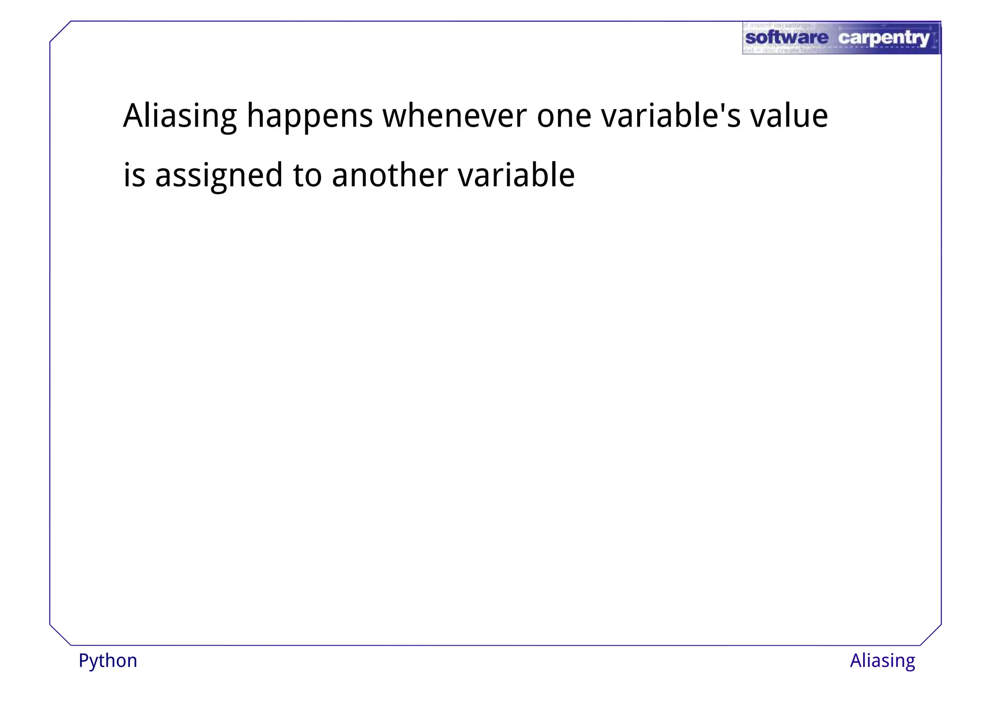 Aliasing happens whenever one variable's value 
is assigned to another variable 
Python Aliasing 
 