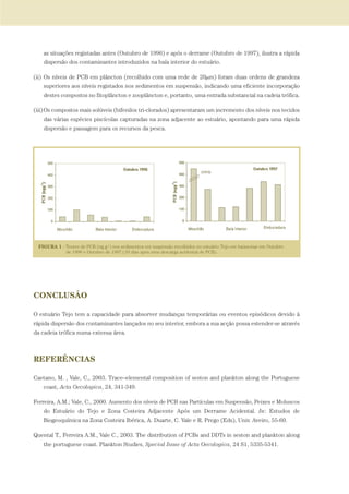 as situações registadas antes (Outubro de 1996) e após o derrame (Outubro de 1997), ilustra a rápida
dispersão dos contaminantes introduzidos na baía interior do estuário.
(ii) Os níveis de PCB em plâncton (recolhido com uma rede de 20µm) foram duas ordens de grandeza
superiores aos níveis registados nos sedimentos em suspensão, indicando uma eficiente incorporação
destes compostos no fitoplâncton e zooplâncton e, portanto, uma entrada substancial na cadeia trófica.
(iii)Os compostos mais solúveis (bifenilos tri-clorados) apresentaram um incremento dos níveis nos tecidos
das várias espécies piscícolas capturadas na zona adjacente ao estuário, apontando para uma rápida
dispersão e passagem para os recursos da pesca.
CONCLUSÃO
O estuário Tejo tem a capacidade para absorver mudanças temporárias ou eventos episódicos devido à
rápida dispersão dos contaminantes lançados no seu interior, embora a sua acção possa estender-se através
da cadeia trófica numa extensa área.
REFERÊNCIAS
Caetano, M. , Vale, C., 2003. Trace–elemental composition of seston and plankton along the Portuguese
coast, Acta Oecologica, 24, 341-349.
Ferreira, A.M.; Vale, C., 2000. Aumento dos níveis de PCB nas Partículas em Suspensão, Peixes e Moluscos
do Estuário do Tejo e Zona Costeira Adjacente Após um Derrame Acidental. In: Estudos de
Biogeoquímica na Zona Costeira Ibérica, A. Duarte, C. Vale e R. Prego (Eds), Univ. Aveiro, 55-60.
Quental T., Ferreira A.M., Vale C., 2003. The distribution of PCBs and DDTs in seston and plankton along
the portuguese coast. Plankton Studies, Special Issue of Acta Oecologica, 24 S1, 5335-5341.
PAG_107-168_POE_TEJO:POE TEJO 1/11/10 5:23 PM Page 113
 