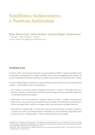 INTRODUÇÃO
O estuário do Tejo, um dos maiores da Europa, com uma superfície de 320 km2
, estende-se por 80 km desde
a embocadura, marcada pelo Forte do Bugio, até Muge, onde se anula a propagação da maré dinâmica. As
maiores contribuições de sedimentos afluentes ao estuário do Tejo provêm dos troços fluviais Tejo e Sorraia.
Com base na distribuição dos sedimentos ao longo do Estuário do Tejo tendo em conta a sua granulometria
e origem 1, 2
, podem definir-se três sectores principais:
- Sector superior ou montante, também designado sector fluvial – estende-se desde Muge até ao arco
Alcochete – Sacavém, e caracteriza-se por fundos de areia com origem no escoamento fluvial; a agricultura
é a actividade dominante nas margens;
- Sector médio - entre os arcos Alcochete - Sacavém e Praça do Comércio – Cacilhas, caracterizado por
fundos de vasa e de vasa arenosa que resultam da maior floculação de sedimentos finos propiciada pelo
encontro das águas fluvial e marítima; nas margens deste sector predomina a actividade industrial;
- Sector inferior ou canal de saída – os fundos deste sector, que se estende desde o arco Praça do Comércio
– Cacilhas até à barra, são fundamentalmente constituídos por areias marítimas transportadas pelas
correntes de maré; a ocupação urbana e o Porto de Lisboa dominam as suas margens.
Equilíbrios Sedimentares
e Passivos Ambientais
Pedro Bettencourt1
, Sónia Alcobia2
, Catarina Vargas3
, Gisela Sousa4
1, 2
Geólogos, 3
Eng.ª Ambiente, 4
Bióloga
Nemus. Gestão e Requalificação Ambiental. Lda.
1
Gaudêncio, M.J., M.T. Guerra & M. Glémarec, 1991. Recherches biosédimentaires sur la zone maritime de l'estuaire du Tage,
Portugal: données sédimentaires préliminaires. In M. Elliott & J.-P. Ducrotoy (eds.), Estuaries and Coasts: Spatial and Temporal
Intercomparisons. Olsen & Olsen, Fredensborg, pp. 11-16.
2
Oliveira, R., 1967. Contribuição para o estudo do estuário do Tejo. Sedimentologia. Memória LNEC nº 296. Laboratório Nacional
de Engenharia Civil, Lisboa, 61 p.
PAG_107-168_POE_TEJO:POE TEJO 1/11/10 5:24 PM Page 125
 