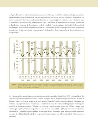 A Figura 4 mostra os valores de nutrientes, onde se verifica que os nitratos e silicatos chegam ao estuário
principalmente por via fluvial (acréscimo dependendo do caudal do rio), enquanto os fosfatos são
renovados através da ressuspensão dos sedimentos. A concentração em nutrientes não é limitante para
o crescimento do Fitoplâncton, no Estuário do Tejo. Uma análise de regressão linear múltipla indicou que
a distribuição temporal da Clorofila a no período estudado é explicada (para um total de 341 amostras),
em 49% pela influência da Temperatura do Ar, do Caudal do Rio e da Radiação Fotossintética Atmosférica
(média dos 8 dias anteriores à amostragem), indicando a forte dependência do crescimento do
Fitoplâncton.
Os valores médios anuais da concentração em nutrientes azotados dissolvidos (DIN) e do caudal do Rio
Tejo estão positivamente relacionados, devido à origem fluvial da percentagem maioritária de DIN. A
Figura 5 parece evidenciar uma relação inversa entre Chla e DIN, no conjunto dos 11 anos estudados; no
entanto, o que parece estar a condicionar a variabilidade anual dos valores de Fitoplâncton é o tempo de
residência da água estuarina. Valores extremos de caudais anuais (como em 2001), causam uma
diminuição do Fitoplâncton, enquanto os anos de seca como 1999 e 2005 apresentam os valores de
biomassa de Fitoplâncton mais elevados. A discussão destes resultados pode ser aprofundada através da
consulta da bibliografia indicada. Este programa de monitorização tem tido continuidade até ao momento
presente.
PAG_107-168_POE_TEJO:POE TEJO 1/11/10 5:24 PM Page 151
 