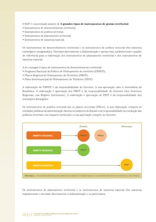 30|31 O PLANO DE ORDENAMENTO DO ESTUÁRIO DO TEJO.
SABERES E REFLEXÕES
O SGT é concretizado através de 4 grandes tipos de instrumentos de gestão territorial:
• Instrumentos de desenvolvimento territorial;
• Instrumentos de política sectorial;
• Instrumentos de planeamento territorial;
• Instrumentos de natureza especial.
Os instrumentos de desenvolvimento territorial e os instrumentos de política sectorial têm natureza
estratégica e programática. Vinculam directamente a Administração e apenas esta, estabelecendo o quadro
de referência para a elaboração dos instrumentos de planeamento territorial e dos instrumentos de
natureza especial.
A lei consagra 3 tipos de instrumentos de desenvolvimento territorial:
• Programa Nacional da Política de Ordenamento do território (PNPOT);
• Planos Regional de Ordenamento do Território (PROT);
• Plano Intermunicipal de Ordenamento do Território (PIOT).
A elaboração do PNPOT é da responsabilidade do Governo. A sua aprovação cabe à Assembleia da
República. A elaboração e aprovação dos PROT é da responsabilidade do Governo (dos Governos
Regionais, nas Regiões Autónomas). A elaboração e aprovação do PIOT é da responsabilidade dos
municípios abrangidos.
Os instrumentos de política sectorial são os planos sectoriais (PSect). A sua elaboração compete às
entidades públicas da administração directa ou indirecta do Estado com responsabilidade na condução das
políticas sectoriais com impacte territorial e a sua aprovação compete ao Governo.
Os instrumentos de planeamento territorial e os instrumentos de natureza especial têm natureza
regulamentar e vinculam directamente a Administração e os particulares.
01-96_POE_TEJO:POE TEJO 1/11/10 5:37 PM Page 30
 