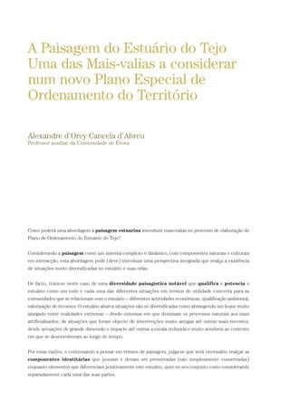 Como poderá uma abordagem à paisagem estuarina introduzir mais-valias no processo de elaboração do
Plano de Ordenamento do Estuário do Tejo?
Considerando a paisagem como um sistema complexo e dinâmico, com componentes naturais e culturais
em interacção, esta abordagem pode (deve) introduzir uma perspectiva integrada que realça a existência
de situações muito diversificadas no estuário e suas orlas.
De facto, trata-se neste caso de uma diversidade paisagística notável que qualifica e potencia o
estuário como um todo e cada uma das diferentes situações em termos de utilidade concreta para as
comunidades que se relacionam com o estuário – diferentes actividades económicas, qualificação ambiental,
valorização de recursos. O estuário abarca situações não só diversificadas como abrangendo um leque muito
alargado entre realidades extremas – desde sistemas em que dominam os processos naturais aos mais
artificializados; de situações que foram objecto de intervenções muito antigas até outras mais recentes;
desde actuações de grande dimensão e impacte até outras a escala reduzida e muito sensíveis ao contexto
em que se desenvolveram ao longo do tempo.
Por estas razões, e continuando a pensar em termos de paisagem, julga-se que será necessário realçar as
componentes identitárias que possam e devam ser preservadas (não simplesmente conservadas)
enquanto elementos que diferenciam positivamente este estuário, quer no seu conjunto como considerando
separadamente cada uma das suas partes.
A Paisagem do Estuário do Tejo
Uma das Mais-valias a considerar
num novo Plano Especial de
Ordenamento do Território
Alexandre d’Orey Cancela d’Abreu
Professor auxiliar da Universidade de Évora
01-96_POE_TEJO:POE TEJO 1/11/10 5:37 PM Page 61
 