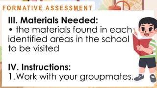 III. Materials Needed:
• the materials found in each
identified areas in the school
to be visited
IV. Instructions:
1.Work with your groupmates.
A C T I V I T Y 3
F O R M AT I V E A S S E S S M E N T
 