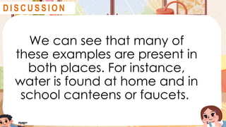 We can see that many of
these examples are present in
both places. For instance,
water is found at home and in
school canteens or faucets.
D I S C U S S I O N
 