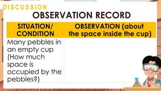 OBSERVATION RECORD
@
D I S C U S S I O N
SITUATION/
CONDITION
OBSERVATION (about
the space inside the cup)
Many pebbles in
an empty cup
(How much
space is
occupied by the
pebbles?)
 