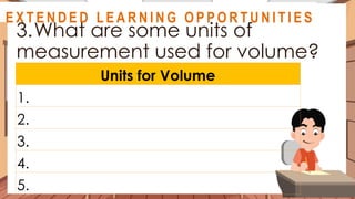 A S S E S S M E N T
3.What are some units of
measurement used for volume?
Units for Volume
1.
2.
3.
4.
5.
@
@
E X T E N D E D L E A R N I N G O P P O R T U N I T I E S
 