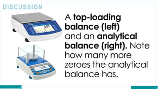 A top-loading
balance (left)
and an analytical
balance (right). Note
how many more
zeroes the analytical
balance has.
DISCUSSION
 