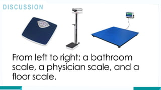From left to right: a bathroom
scale, a physician scale, and a
floor scale.
DISCUSSION
 