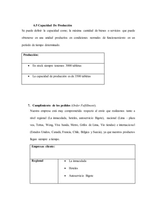 6.5 Capacidad De Producción
Se puede definir la capacidad como; la máxima cantidad de bienes o servicios que puede
obtenerse en una unidad productiva en condiciones normales de funcionamiento en un
período de tiempo determinado.
Producción:
 En stock siempre tenemos 3000 tabletas
 La capacidad de producción es de 3500 tabletas
7. Cumplimiento de los pedidos (Order Fulfillment).
Nuestra empresa está muy comprometida respecto al envío que realizamos tanto a
nivel regional (La inmaculada, hoteles, autoservicio Bigote), nacional (Lima – plaza
vea, Tottus, Wong, Viva banda, Metro, Grifos de Lima, Vio tiendas) e internacional
(Estados Unidos, Canadá, Francia, Chile, Bélgica y Suecia), ya que nuestros productos
llegan siempre a tiempo.
Empresas cliente:
Regional  La inmaculada
 Hoteles
 Autoservicio Bigote
 