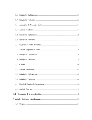 10.6 Principales Deficiencias.........................................................................................33
10.7 Principales Fortalezas ............................................................................................33
11. Almacenes de Productos finales ............................................................................34
11.1 Análisis del almacen ..............................................................................................34
11.2 Principales Deficiencias.........................................................................................36
11.3 Principales Fortalezas ............................................................................................37
12. Logística de puntos de ventas ................................................................................37
12.1 Análisis los puntos de ventas .................................................................................38
12.2 Principales Deficiencias.........................................................................................38
12.3 Principales Fortalezas ............................................................................................39
13. Clientes...................................................................................................................40
13.1 Análisis los clientes................................................................................................41
13.2 Principales Deficiencias.........................................................................................42
13.3 Principales Fortalezas ............................................................................................44
14. Plan de la Gestión de Suministros .........................................................................44
14.1 Análisis Externos ...................................................................................................51
14.2 Evaluación de la organización ................................................................................52
Principales fortalezas y debilidades ..................................................................................53
14.3 Objetivos ................................................................................................................54
 