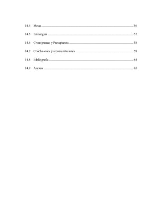 14.4 Metas......................................................................................................................56
14.5 Estrategias ..............................................................................................................57
14.6 Cronogramas y Presupuesto...................................................................................58
14.7 Conclusiones y recomendaciones ..........................................................................59
14.8 Bibliografía ............................................................................................................64
14.9 Anexos ...................................................................................................................65
 