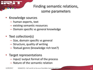 Finding semantic relations,
some parameters
• Knowledge sources
– human experts, text
– existing semantic resources
– Domain specific vs general knowledge
• Text collection(s)
– Size, domain specific vs general
– Structure, quality of writing
– Textual genre (knowledge rich text?)
• Target representations
– Input/ output format of the process
– Nature of the semantic relation
28SEMANTICS - NLP and KE at the era of SemWeb: Semantic relations - Aussenac12/09/2017
 