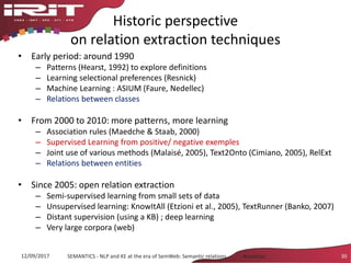 Historic perspective
on relation extraction techniques
• Early period: around 1990
– Patterns (Hearst, 1992) to explore definitions
– Learning selectional preferences (Resnick)
– Machine Learning : ASIUM (Faure, Nedellec)
– Relations between classes
• From 2000 to 2010: more patterns, more learning
– Association rules (Maedche & Staab, 2000)
– Supervised Learning from positive/ negative exemples
– Joint use of various methods (Malaisé, 2005), Text2Onto (Cimiano, 2005), RelExt
– Relations between entities
• Since 2005: open relation extraction
– Semi-supervised learning from small sets of data
– Unsupervised learning: KnowItAll (Etzioni et al., 2005), TextRunner (Banko, 2007)
– Distant supervision (using a KB) ; deep learning
– Very large corpora (web)
12/09/2017 SEMANTICS - NLP and KE at the era of SemWeb: Semantic relations - Aussenac 30
 