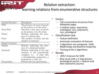 Relation extraction:
learning relations from enumerative structures
• Corpus
– 745 enumerative structures from
Wikipedia pages
– 3 relation types: taxonomic,
ontological_non_taxonomic,
non_ontological
• Classification task
– Feature definition
– Automatic evaluation of features
– 3 algorithms are compared : SVM,
MaxEntropy and baseline (majority)
– Training of the 2 algorithms
• Results
– 82% f-measure for SVM
– Best result with a 2 step process
(ontological yes/no -> feature and
then taxonomic yes/no)
12/09/2017 SEMANTICS - NLP and KE at the era of SemWeb: Semantic relations - Aussenac 46
 