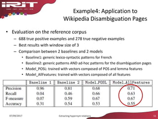 Example4: Application to
Wikipedia Disambiguation Pages
• Evaluation on the reference corpus
– 688 true positive examples and 278 true negative examples
– Best results with window size of 3
– Comparison between 2 baselines and 2 models
• Baseline1: generic lexico-syntactic patterns for French
• Baseline2: generic patterns AND ad-hoc patterns for the disambiguation pages
• Model_POSL: trained with vectors composed of POS and lemma features
• Model_AllFeatures: trained with vectors composed of all features
07/09/2017 Extracting hypernym relations 51
 