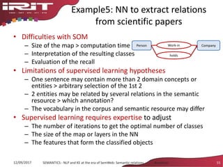 Example5: NN to extract relations
from scientific papers
• Difficulties with SOM
– Size of the map > computation time
– Interpretation of the resulting classes
– Evaluation of the recall
• Limitations of supervised learning hypotheses
– One sentence may contain more than 2 domain concepts or
entities > arbitrary selection of the 1st 2
– 2 entities may be related by several relations in the semantic
resource > which annotation?
– The vocabulary in the corpus and semantic resource may differ
• Supervised learning requires expertise to adjust
– The number of iterations to get the optimal number of classes
– The size of the map or layers in the NN
– The features that form the classified objects
12/09/2017 SEMANTICS - NLP and KE at the era of SemWeb: Semantic relations - Aussenac 55
Person Work-in Company
holds
 