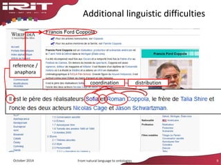 Additional linguistic difficulties
October 2014 From natural language to ontologies 9
reference /
anaphora
coordination distribution
 