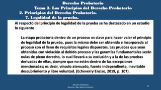 Derecho Probatorio
Tema 2. Los Principios del Derecho Probatorio
2. Principios del Derecho Probatorio.
7. Legalidad de la prueba.
Derecho Probatorio
Docente. Abg. Marcos Guerrero
21
Al respecto del principio de legalidad de la prueba se ha destacado en un estudio
lo siguiente
La etapa probatoria dentro de un proceso es clave para hacer valer el principio
de legalidad de la prueba, pues la misma debe ser obtenida e incorporada al
proceso con el lleno de requisitos legales dispuestos. Las pruebas que sean
obtenidas con violación al debido proceso y las garantías fundamentales serán
nulas de pleno derecho, lo cual llevará a su exclusión y a la de las pruebas
derivadas de ellas, siempre que no estén dentro de las excepciones
mencionadas; es decir, vínculo atenuado, fuente independiente, inevitable
descubrimiento y libre voluntad. (Echeverry Enciso, 2019, p. 107).
 