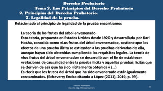 Derecho Probatorio
Tema 2. Los Principios del Derecho Probatorio
2. Principios del Derecho Probatorio.
7. Legalidad de la prueba.
Derecho Probatorio
Docente. Abg. Marcos Guerrero
22
Relacionado al principio de legalidad de la prueba encontramos
La teoría de los frutos del árbol envenenado
Esta teoría, propuesta en Estados Unidos desde 1920 y desarrollada por Karl
Hosha, conocida como «Los frutos del árbol envenenado», sostiene que los
efectos de una prueba ilícita se extienden a las pruebas derivadas de ella,
aunque hayan sido obtenidas cumpliendo los requisitos legales. La teoría de
«los frutos del árbol envenenado» se desarrolló con el fin de establecer
«relaciones de causalidad entre la prueba ilícita y aquellas pruebas lícitas que
se deriven de esa que ha sido ilícitamente obtenida» (…)
Es decir que los frutos del árbol que ha sido envenenado están igualmente
contaminados. (Echeverry Enciso citando a López (2011), 2019, p. 99).
 