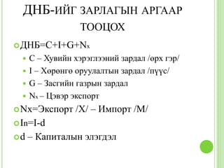 ДНБ-ИЙГ ЗАРЛАГЫН АРГААР
                 ТООЦОХ
 ДНБ=C+I+G+Nx
   C – Хувийн хэрэглээний зардал /өрх гэр/
   I – Хөрөнгө оруулалтын зардал /пүүс/
   G – Засгийн газрын зардал
   Nx – Цэвэр экспорт
 Nx=Экспорт    /X/ – Импорт /M/
 In=I-d
d    – Капиталын элэгдэл
 