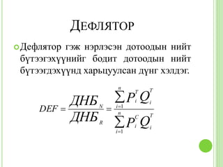 ДЕФЛЯТОР
 Дефлятор гэж нэрлэсэн дотоодын нийт
 бүтээгэхүүнийг бодит дотоодын нийт
 бүтээгдэхүүнд харьцуулсан дүнг хэлдэг.
                            n

                           P Q
                                  T   T


     DEF 
             ДНБ   N
                          i 1
                                  i   i


             ДНБ   R
                             n

                           P Q
                                  C
                                  i
                                      T

                                      i
                           i 1
 