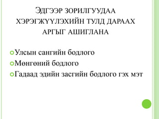 ЭДГЭЭР ЗОРИЛГУУДАА
 ХЭРЭГЖҮҮЛЭХИЙН ТУЛД ДАРААХ
       АРГЫГ АШИГЛАНА

Улсын сангийн бодлого
Мөнгөний бодлого
Гадаад эдийн засгийн бодлого гэх мэт
 
