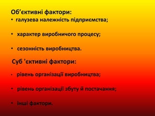 Об’єктивні фактори:
• галузева належність підприємства;
• характер виробничого процесу;
• сезонність виробництва.
Суб 'єктивні фактори:
• рівень організації виробництва;
• рівень організації збуту й постачання;
• інші фактори.
 