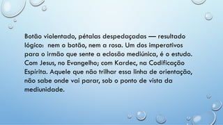 Botão violentado, pétalas despedaçadas — resultado
lógico: nem o botão, nem a rosa. Um dos imperativos
para o irmão que sente a eclosão mediúnica, é o estudo.
Com Jesus, no Evangelho; com Kardec, na Codificação
Espírita. Aquele que não trilhar essa linha de orientação,
não sabe onde vai parar, sob o ponto de vista da
mediunidade.
 