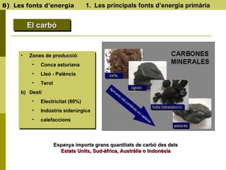 B)  Les fonts d’energia  1.  Les principals fonts d’energia primària El carbó <ul><li>Zones de producció :  </li></ul><ul>...
