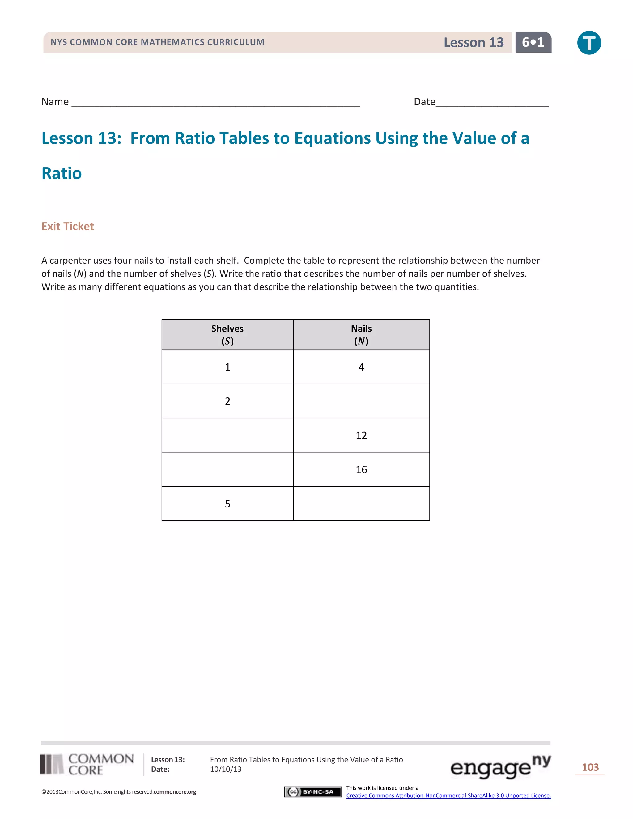 Lesson 13: From Ratio Tables to Equations Using the Value of a Ratio
Date: 10/10/13 103
©2013CommonCore,Inc. Some rights reserved.commoncore.org
This work is licensed under a
Creative Commons Attribution-NonCommercial-ShareAlike 3.0 Unported License.
NYS COMMON CORE MATHEMATICS CURRICULUM 6•1Lesson 13
Name ___________________________________________________ Date____________________
Lesson 13: From Ratio Tables to Equations Using the Value of a
Ratio
Exit Ticket
A carpenter uses four nails to install each shelf. Complete the table to represent the relationship between the number
of nails (N) and the number of shelves (S). Write the ratio that describes the number of nails per number of shelves.
Write as many different equations as you can that describe the relationship between the two quantities.
Shelves
( )
Nails
( )
1 4
2
12
16
5
 