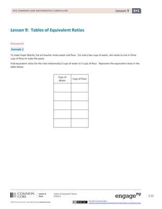 Lesson 9: Tables of Equivalent Ratios
Date: 9/30/13 S.32
©2013CommonCore,Inc. Some rights reserved.commoncore.org
This work is licensed under a
Creative Commons Attribution-NonCommercial-ShareAlike 3.0 Unported License.
6•1Lesson 9NYS COMMON CORE MATHEMATICS CURRICULUM
Lesson 9: Tables of Equivalent Ratios
Classwork
Example 1
To make Paper Mache, the art teacher mixes water and flour. For every two cups of water, she needs to mix in three
cups of flour to make the paste.
Find equivalent ratios for the ratio relationship 2 cups of water to 3 cups of flour. Represent the equivalent ratios in the
table below:
Cups of
Water
Cups of Flour
 