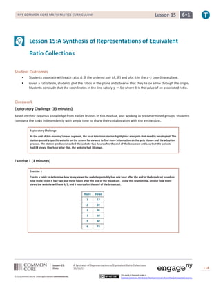 Lesson 15

NYS COMMON CORE MATHEMATICS CURRICULUM

6•1

Lesson 15:A Synthesis of Representations of Equivalent
Ratio Collections
Student Outcomes


Students associate with each ratio



Given a ratio table, students plot the ratios in the plane and observe that they lie on a line through the origin.
Students conclude that the coordinates in the line satisfy
where is the value of an associated ratio.

the ordered pair ( , ) and plot it in the - coordinate plane.

Classwork
Exploratory Challenge (35 minutes)
Based on their previous knowledge from earlier lessons in this module, and working in predetermined groups, students
complete the tasks independently with ample time to share their collaboration with the entire class.
Exploratory Challenge
At the end of this morning’s news segment, the local television station highlighted area pets that need to be adopted. The
station posted a specific website on the screen for viewers to find more information on the pets shown and the adoption
process. The station producer checked the website two hours after the end of the broadcast and saw that the website
had 24 views. One hour after that, the website had 36 views.

Exercise 1 (3 minutes)
Exercise 1
Create a table to determine how many views the website probably had one hour after the end of thebroadcast based on
how many views it had two and three hours after the end of the broadcast. Using this relationship, predict how many
views the website will have 4, 5, and 6 hours after the end of the broadcast.
Hours
1

24

3

36

4

48

5

60

6

©2013CommonCore,Inc. Some rights reserved.commoncore.org

12

2

Lesson 15:
Date:

Views

72

A Synthesis of Representations of Equivalent Ratio Collections
10/16/13
This work is licensed under a
Creative Commons Attribution-NonCommercial-ShareAlike 3.0 Unported License.

114

 