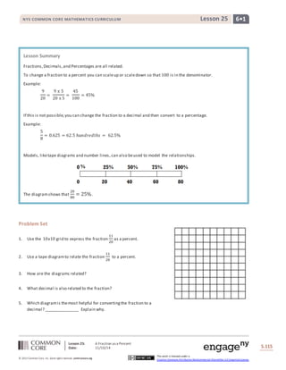 NYS COMMON CORE MATHEMATICS CURRICULUM Lesson 25 6• 1 
Fractions, Decimals, and Percentages are all related. 
To change a fraction to a percent you can scale up or scale down so that 100 is in the denominator. 
Example: 
= 
45 
100 
= 45% 
If this is not possible, you can change the fraction to a decimal and then convert to a percentage. 
Example: 
= 0.625 = 62.5 ℎ푢푛푑푟푒푑푡ℎ푠 = 62.5% 
Models, like tape diagrams and number lines , can also be used to model the relationships. 
The diagram shows that 
20 
80 
= 25%. 
Lesson 25: A Fraction as a Percent 
Date: 11/10/14 
S.115 
Lesson Summary 
9 
20 
= 
9 x 5 
20 x 5 
5 
8 
© 2013 Common Core, Inc. Some rights reserved. commoncore.org 
This work is licensed under a 
Creative Commons Attribution-NonCommercial-ShareAlike 3.0 Unported License. 
Problem Set 
1. Use the 10x10 grid to express the fraction 
11 
20 
as a percent. 
2. Use a tape diagram to relate the fraction 
11 
20 
to a percent. 
3. How are the diagrams related? 
4. What decimal is also related to the fraction? 
5. Which diagram is the most helpful for converting the fraction to a 
decimal? _______________ Explain why. 
