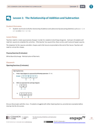 Lesson 1: The RelationshipofAddition and Subtraction
Date: 2/27/15 14
© 2013 Common Core, Inc. Some rightsreserved. commoncore.org
This work is licensed under a
Creative Commons Attribution-NonCommercial-ShareAlike 3.0 Unported License.
NYS COMMON CORE MATHEMATICS CURRICULUM 6•4Lesson 1
Lesson 1: The Relationship of Addition and Subtraction
Student Outcomes
 Students build and clarify the relationship of addition and subtraction by evaluatingidentities such as 𝑤 − 𝑥 +
𝑥 = 𝑤 and 𝑤 + 𝑥 − 𝑥 = 𝑤.
Lesson Notes
Teachers need to create squarepieces of paper in order for students to build tape diagrams . Each pair of students will
need ten squares to complete the activities. If the teacher has squaretiles,these can be used in placeof paper squares.
The template for the squares and other shapes used in the lesson areprovided at the end of the lesson.Teachers will
need to cut out the shapes.
FluencyExercise (5 minutes)
White Board Exchange: Multiplication of Decimals
Classwork
OpeningExercises(5 minutes)
Opening Exercises
a. Draw a tape diagram to represent thefollowing expression: 𝟓 + 𝟒.
Answer:
b. Write an expression for eachtape diagram.
i.
ii.
Discuss theanswers with the class. If students struggled with either Opening Exercise, providemore examples before
moving into the discussion.
𝟓 𝟒+
𝟐 𝟐+
𝟑 𝟒+
 