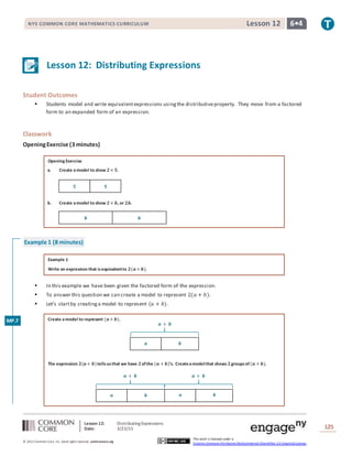 Lesson 12: Distributing Expressions
Date: 3/23/15 125
© 2013 Common Core, Inc. Some rightsreserved. commoncore.org
This work is licensed under a
Creative Commons Attribution-NonCommercial-ShareAlike 3.0 Unported License.
NYS COMMON CORE MATHEMATICS CURRICULUM 6•4Lesson 12
𝒂 + 𝒃
𝒂 𝒃
𝒂 + 𝒃
𝒂 𝒃
𝒂 + 𝒃
𝒂 𝒃
Lesson 12: Distributing Expressions
Student Outcomes
 Students model and write equivalentexpressions usingthe distributiveproperty. They move from a factored
form to an expanded form of an expression.
Classwork
OpeningExercise (3 minutes)
Opening Exercise
a. Create amodel to show 𝟐× 𝟓.
b. Create amodel to show 𝟐× 𝒃, or 𝟐𝒃.
Example 1 (8 minutes)
Example 1
Write an expression that isequivalentto 𝟐(𝒂+ 𝒃).
 In this example we have been given the factored form of the expression.
 To answer this question we can create a model to represent 2(𝑎 + 𝑏).
 Let’s startby creatinga model to represent (𝑎 + 𝑏).
Create amodel to represent (𝒂+ 𝒃).
The expression 𝟐(𝒂+ 𝒃)tellsusthat we have 𝟐ofthe (𝒂 + 𝒃)’s. Createamodelthat shows 𝟐groupsof(𝒂 + 𝒃).
𝟓 𝟓
𝒃 𝒃
MP.7
 
