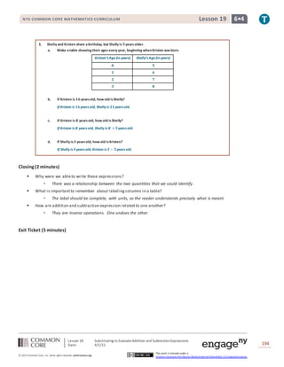 Lesson 19: Substituting to EvaluateAddition and SubtractionExpressions
Date: 4/1/15 194
© 2013 Common Core, Inc. Some rightsreserved. commoncore.org
This work is licensed under a
Creative Commons Attribution-NonCommercial-ShareAlike 3.0 Unported License.
NYS COMMON CORE MATHEMATICS CURRICULUM 6•4Lesson 19
3. Shelly and Kristen share abirthday, but Shelly is 𝟓yearsolder.
a. Make atable showing their ages every year, beginning whenKristen wasborn.
Kristen’s Age(in years) Shelly’s Age(in years)
𝟎 𝟓
𝟏 𝟔
𝟐 𝟕
𝟑 𝟖
b. If Kristen is 𝟏𝟔yearsold, how old isShelly?
If Kristen is 𝟏𝟔years old, Shelly is 𝟐𝟏years old.
c. If Kristen is 𝑲yearsold, how old isShelly?
If Kristen is 𝑲years old, Shelly is 𝑲 + 𝟓years old.
d. If Shelly is 𝑺 yearsold, how old isKristen?
If Shelly is 𝑺 years old, Kristen is 𝑺 − 𝟓years old.
Closing(2 minutes)
 Why were we ableto write these expressions?
 There was a relationship between the two quantities that we could identify.
 What is importantto remember about labelingcolumns in a table?
 The label should be complete, with units, so the reader understands precisely what is meant.
 How are addition and subtraction expression related to one another?
 They are inverse operations. One undoes the other.
Exit Ticket (5 minutes)
 