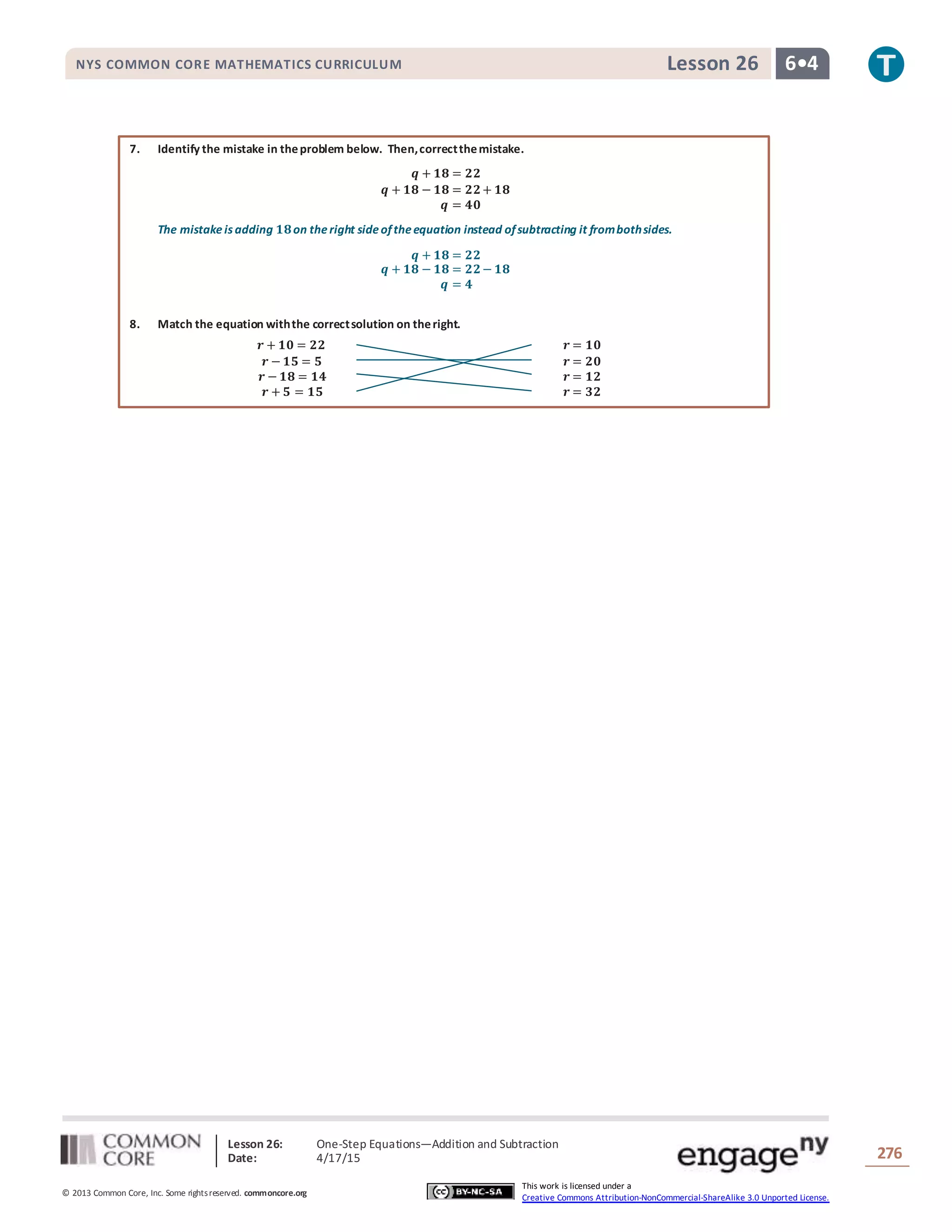 Lesson 26: One-Step Equations―Addition and Subtraction
Date: 4/17/15 276
© 2013 Common Core, Inc. Some rightsreserved. commoncore.org
This work is licensed under a
Creative Commons Attribution-NonCommercial-ShareAlike 3.0 Unported License.
NYS COMMON CORE MATHEMATICS CURRICULUM 6•4Lesson 26
7. Identify the mistake in theproblem below. Then,correctthemistake.
𝒒 + 𝟏𝟖 = 𝟐𝟐
𝒒 + 𝟏𝟖 − 𝟏𝟖 = 𝟐𝟐+ 𝟏𝟖
𝒒 = 𝟒𝟎
The mistake is adding 𝟏𝟖on the right sideoftheequation instead ofsubtracting it frombothsides.
𝒒 + 𝟏𝟖 = 𝟐𝟐
𝒒 + 𝟏𝟖 − 𝟏𝟖 = 𝟐𝟐− 𝟏𝟖
𝒒 = 𝟒
8. Match the equation withthe correctsolution on theright.
𝒓 + 𝟏𝟎 = 𝟐𝟐 𝒓 = 𝟏𝟎
𝒓 − 𝟏𝟓 = 𝟓 𝒓 = 𝟐𝟎
𝒓 − 𝟏𝟖 = 𝟏𝟒 𝒓 = 𝟏𝟐
𝒓 + 𝟓 = 𝟏𝟓 𝒓 = 𝟑𝟐
 