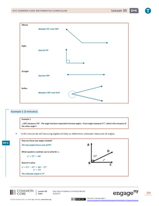 Lesson 30: One-Step Problems intheRealWorld
Date: 4/30/15 319
© 2013 Common Core, Inc. Some rightsreserved. commoncore.org
This work is licensed under a
Creative Commons Attribution-NonCommercial-ShareAlike 3.0 Unported License.
NYS COMMON CORE MATHEMATICS CURRICULUM 6•4Lesson 30
Obtuse
Between 𝟗𝟎° and 𝟏𝟖𝟎°
Right
Exactly 𝟗𝟎°
Straight
Exactly 𝟏𝟖𝟎°
Reflex
Between 𝟏𝟖𝟎°and 𝟑𝟔𝟎°
Example 1 (3 minutes)
Example 1
∠𝑨𝑩𝑪measures 𝟗𝟎°. The angle hasbeen separated intotwo angles. Ifone angle measures 𝟓𝟕°, what isthe measureof
the other angle?
 In this lesson we will beusingalgebra to help us determine unknown measures of angles.
How are these two anglesrelated?
The two angles havea sum of 𝟗𝟎°.
What equation couldwe use to solvefor 𝒙.
𝒙° + 𝟓𝟕° = 𝟗𝟎°
Now let’ssolve.
𝒙° + 𝟓𝟕° − 𝟓𝟕° = 𝟗𝟎° − 𝟓𝟕°
𝒙° = 𝟑𝟑°
The unknown angleis 𝟑𝟑°
MP.4
 