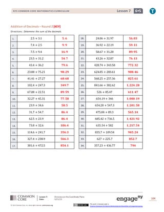 Lesson 7: Distanceon theCoordinate Plane
Date: 5/21/15 104
© 2014 Common Core, Inc. Some rightsreserved. commoncore.org
This work is licensed under a
Creative Commons Attribution-NonCommercial-ShareAlike 3.0 Unported License.
NYS COMMON CORE MATHEMATICS CURRICULUM 6•5Lesson 7
Addition of Decimals – Round 2 [KEY]
Directions: Determine the sum of the decimals.
1. 2.5 + 3.1 𝟓. 𝟔 18. 24.06 + 31.97 𝟓𝟔. 𝟎𝟑
2. 7.4 + 2.5 𝟗. 𝟗 19. 36.92 + 22.19 𝟓𝟗. 𝟏𝟏
3. 7.5 + 9.4 𝟏𝟔. 𝟗 20. 58.67 + 31.28 𝟖𝟗. 𝟗𝟓
4. 23.5 + 31.2 𝟓𝟒. 𝟕 21. 43.26 + 32.87 𝟕𝟔. 𝟏𝟑
5. 43.4 + 36.2 𝟕𝟗. 𝟔 22. 428.74 + 343.58 𝟕𝟕𝟐. 𝟑𝟐
6. 23.08 + 75.21 𝟗𝟖. 𝟐𝟗 23. 624.85 + 283.61 𝟗𝟎𝟖. 𝟒𝟔
7. 41.41 + 27.27 𝟔𝟖. 𝟔𝟖 24. 568.25 + 257.36 𝟖𝟐𝟓. 𝟔𝟏
8. 102.4 + 247.3 𝟑𝟒𝟗.𝟕 25. 841.66 + 382.62 𝟏, 𝟐𝟐𝟒. 𝟐𝟖
9. 67.08 + 22.51 𝟖𝟗. 𝟓𝟗 26. 526 + 85.47 𝟔𝟏𝟏. 𝟒𝟕
10. 32.27 + 45.31 𝟕𝟕. 𝟓𝟖 27. 654.19 + 346 𝟏, 𝟎𝟎𝟎. 𝟏𝟗
11. 23.9 + 34.6 𝟓𝟖. 𝟓 28. 654.28 + 547.3 𝟏, 𝟐𝟎𝟏. 𝟓𝟖
12. 31.7 + 54.7 𝟖𝟔. 𝟒 29. 475.84 + 89.3 𝟓𝟔𝟓. 𝟏𝟒
13. 62.5 + 23.9 𝟖𝟔. 𝟒 30. 685.42 + 736.5 𝟏, 𝟒𝟐𝟏. 𝟗𝟐
14. 73.8 + 32.6 𝟏𝟎𝟔.𝟒 31. 635.54 + 582 𝟏, 𝟐𝟏𝟕. 𝟓𝟒
15. 114.6 + 241.7 𝟑𝟓𝟔.𝟑 32. 835.7 + 109.54 𝟗𝟒𝟓. 𝟐𝟒
16. 327.4 + 238.9 𝟓𝟔𝟔.𝟑 33. 627 + 225.7 𝟖𝟓𝟐.𝟕
17. 381.6 + 472.5 𝟖𝟓𝟒.𝟏 34. 357.23 + 436.77 𝟕𝟗𝟒
 