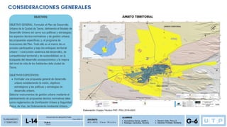 Formular una propuesta general de desarrollo
urbano estableciendo la visión, objetivos
estratégicos y las políticas y estrategias de
desarrollo urbano.
OBJETIVOS:
OBJETIVO GENERAL: Formular el Plan de Desarrollo
Urbano de la Ciudad de Tacna, definiendo el Modelo de
Desarrollo Urbano así como sus políticas y estrategias;
los aspectos técnico-normativos y de gestión urbana;
las propuestas específicas; y, el programa de
inversiones del Plan. Todo ello en el marco de un
proceso participativo y bajo los enfoques territorial
urbano – rural (visión sistémica del desarrollo), de
competitividad territorial y de sostenibilidad, en la
búsqueda del desarrollo socioeconómico y la mejora
del nivel de vida de los habitantes dela ciudad de
Tacna.
OBJETIVOS ESPECÍFICOS:
Elaborar instrumentos de gestión urbana mediante el
planteamiento de propuestas técnico normativas tales
como reglamentos de Zonificación Urbana y Seguridad
Física, de Vías, de Ordenamiento Ambiental Urbano.
PLANEAMIENTO
Y TERRITORIO
P D U
FACULTAD DE ARQUITECTURA
L-14 Ciclo 2023-2
T E M A :
DOCENTE:
M G . A R Q . O m a r W i n c h o
ALUMNOS
G-6
Auccatoma Garcia, Judith L.
Reategui Canecillas, Romina
Navarro Vela, Percy A.
Sánchez Trinidad, Kimberly
CONSIDERACIONES GENERALES
ÁMBITO TERRITORIAL
 